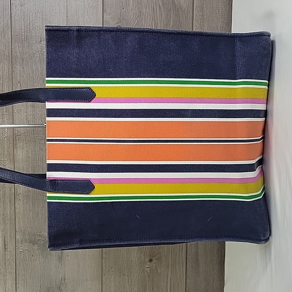 Kate Spaded Striped Navy Blue Canvas Leather Tote Shoulder Bag - Picture 4 of 12